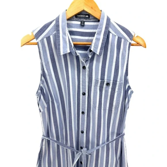 Toad&Co Indigo Ridge Sleeveless Tie Shirt Dress Striped Organic Cotton Midi Blue - Picture 3 of 7